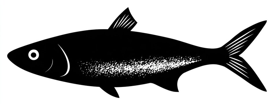 Simple black and white illustration of a fish in profile with details on the tail and fins