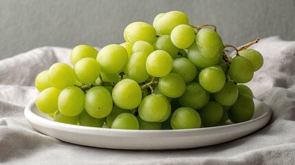 Plump Green Grapes On White Porcelain Plate, Close-Up Minimalist Still Life Against Light Gray Background
