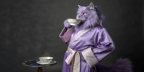 Stylized fashion portrait of an anthropomorphic cat with fully dyed violet fur, standing upright, wearing an elegant silk robe, calmly drinking tea from a porcelain teacup, graceful refined expression