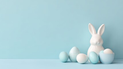 Obraz premium easter banner with a white ceramic bunny and eggs on a pastel blue background