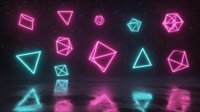 Abstract neon geometric shapes floating with reflections in a dark cosmic space