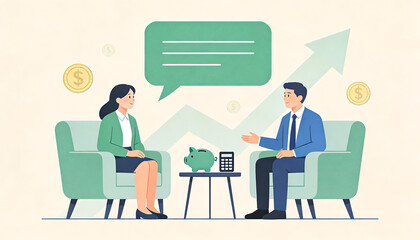 Financial advisor consultation with client in armchairs featuring piggy bank calculator coins and upward growth arrow flat vector illustration