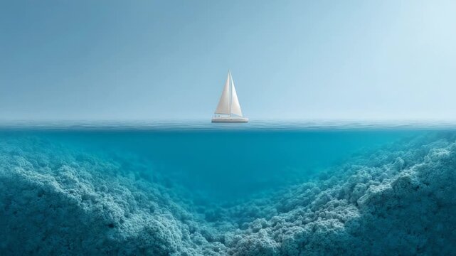 Pristine turquoise waters surrounding white sailboat revealing vibrant underwater coral reef ecosystem, showcasing marine biodiversity and serene tropical seascape beneath ocean surface
