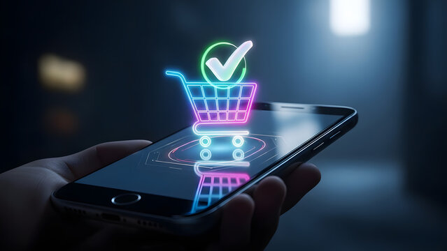 Smartphone with glowing shopping cart icon and checkmark, online shopping concept