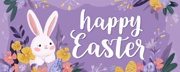 Fototapeta premium vector illustration of a happy easter banner with a bunny, eggs, and flowers on a pastel background