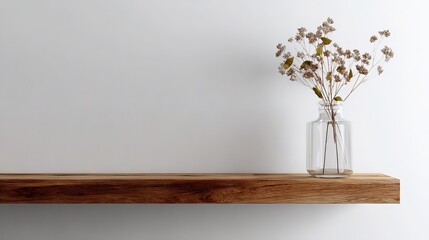 Minimalist Home Decor: Transparent Glass Vase on Wooden Shelf Against White Matte Wall.