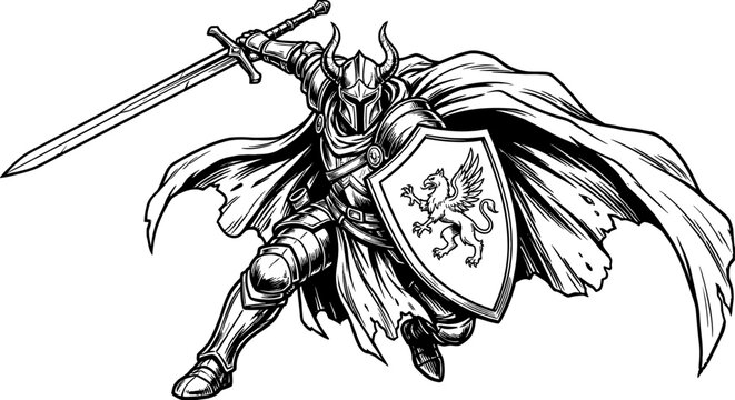 Valiant Armored Knight with Horned Helmet, Sword, and Griffin Shield in Engraving Style