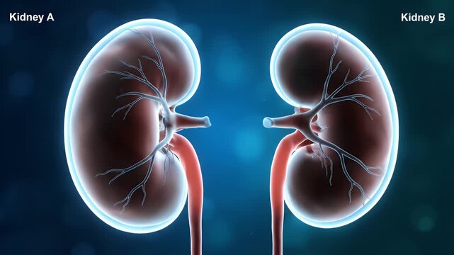 Realistic Kidney Pair with Arteries Veins and Blue Light Effect over Dark Gradient Backdrop for Anatomical Studies