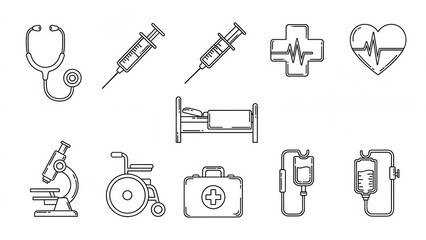 Obraz premium Medical Icons: Stethoscope, Syringe, Bed, Wheelchair, Microscope, First Aid, IV Drip