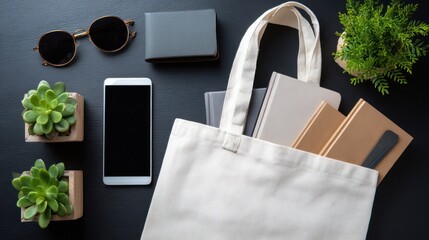 Flat lay of essentials tote bag with books, phone, glasses, wallet, succulents, and green plant