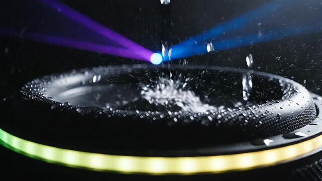 Extreme macro slow motion captures water droplets splashing on vibrating speaker cone. Colorful light illumination highlights audio vibration effects in dynamic sequence.
