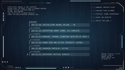 Futuristic military HUD interface overlay. Tactical mission control display with digital data logs, target scan, sci-fi GUI. Cyber tech dashboard for game UI, combat surveillance and warfare systems.