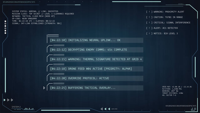 Futuristic military HUD interface overlay. Tactical mission control display with digital data logs, target scan, sci-fi GUI. Cyber tech dashboard for game UI, combat surveillance and warfare systems.