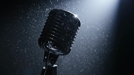 Closeup of vintage microphone in dramatic spotlight. Retro audio equipment under stage lighting with atmospheric fog. Music performance and podcasting concept for broadcasting ideas.