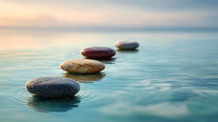 Four stones gently placed in tranquil water creating a peaceful path, calm and soothing