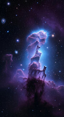 Naklejka premium A cosmic scene with a bright, blue nebula pillar surrounded by stars and dark purple dust, showcasing a vast, distant galaxy and stellar formation