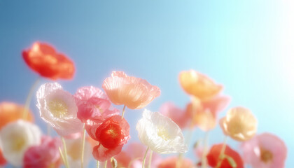 Pastel soft flowers blue sky. Soft focus beautiful cosmos flowers are blooming in vintage tones with bright sky background. Spring landscape