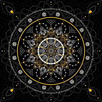 Mandala noir et dor&eacute; aux motifs floraux et g&eacute;om&eacute;triques, illustration spirituelle et c&eacute;leste sur fond sombre