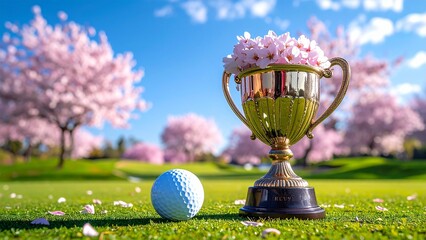 春のゴルフ場 桜満開 トロフィーとゴルフボール 春コンペ
