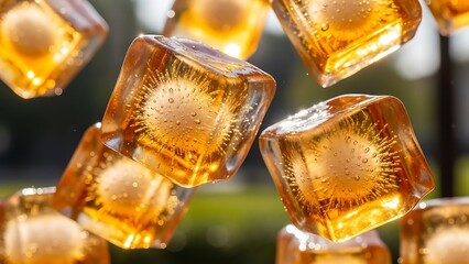 Floating golden ice cubes with water droplets and sunburst reflections transparent