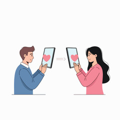 Flat illustration of a man and woman holding tablets with heart symbols on screen for valentine, against a clean white background.