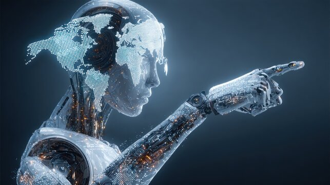 Futuristic cyborg head with a map overlay, pointing towards the distance with an open hand