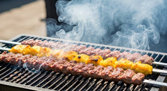 Close-up of Skewers of Iranian Chelo Kabob Meat Sizzling on a Traditional Charcoal Grill