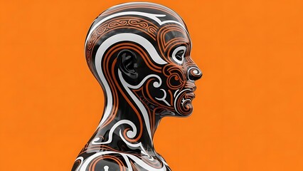 Maori inspired tattooed human head in black white and orange on orange background tribal