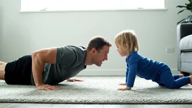 Happy father and toddler do push-ups together on a rug at home, a fun and active bonding moment for family fitness and play.