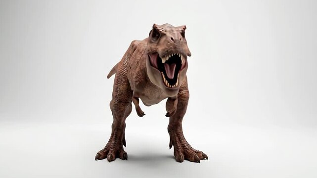 Powerful Tyrannosaurus Rex Roaring Aggressively, Ancient Predator on White Background, Detailed 3D Render of a Prehistoric Carnivore