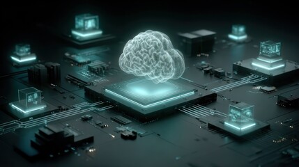 Futuristic tech scene with glowing brain cloud over a circuit board, surrounded by cubes
