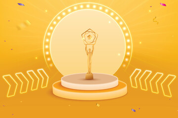 Award Ceremony Yellow Color Background With Golden Trophy on Podium. Premium Celebration Theme Concept Vector Illustration For Grand Music Concert, Movie, Party, Festival Celebration Etc.