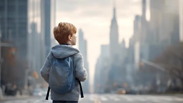 Young boy with backpack stands on city street looking towards skyscrapers and urban landscape on a clear day from behind
