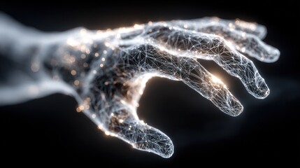 Glowing, digital hand extending forward, composed of intricate lines and nodes on black