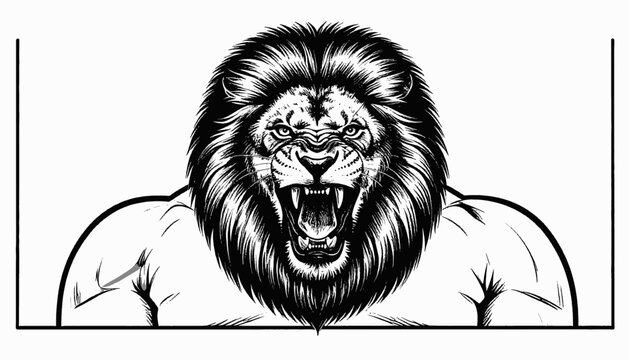 Bold black and white illustration of a snarling lion's head with a flowing mane and muscular shoulders