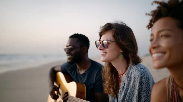 Three friends, two women and a man, are sitting on a beach at sunset, enjoying themselves while one of them plays the guitar and they all sing together