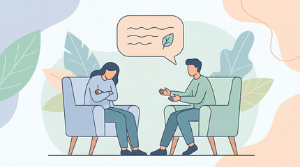 Minimalist flat illustration of mental health counseling session with supportive therapist listening to distressed client in armchairs with leaf background and speech bubble