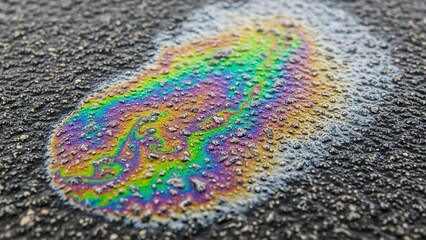 Naklejka premium Rainbow colored gasoline oil slick stain on wet asphalt road