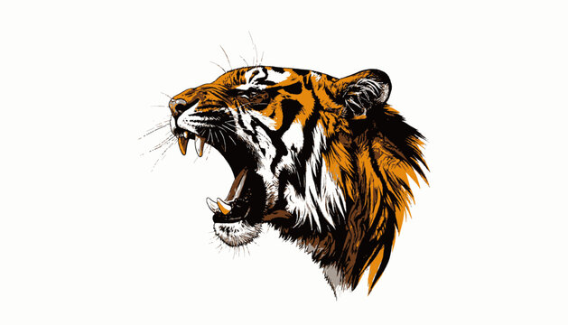 A striking vector illustration depicts a roaring tiger with detailed orange and black stripes