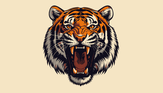 Illustration of a ferocious tiger's face with sharp fangs and open mouth, on a neutral background