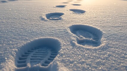 Obraz premium Human footprints pressed into glistening white snow, creating a clear path toward a soft, distant light, symbolizing a peaceful winter journey and future direction