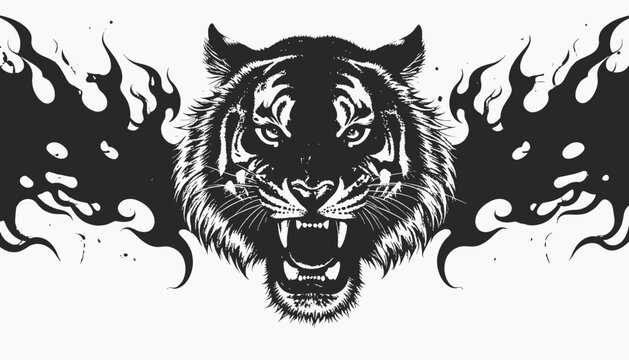A roaring tiger face silhouetted with stylized flames in black and white against a white background