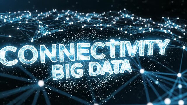 Abstract plexus network animating into connectivity and big data text. Digital visualization of interconnected nodes and glowing lines forming information web concept for technology themes.