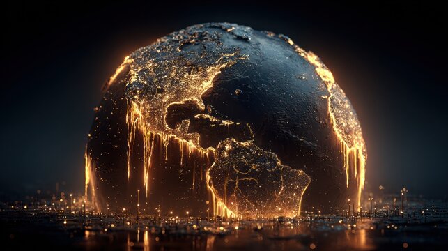 Glowing globe illustration showing melting continents and continents in a dark atmosphere
