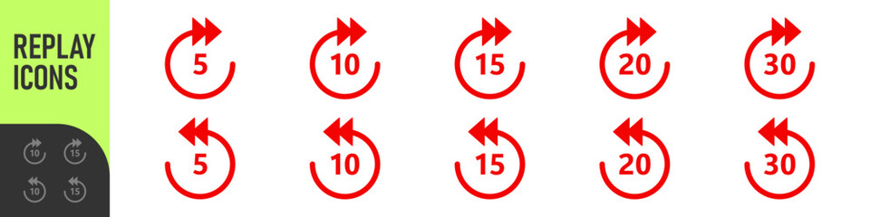 Repeat 5, 10, 15, 20, 30 seconds simple vector icon. Replay icons. Replay icon for application and web or Media player control. Replay icons set. 5, 10, 15, 20, 30 sec playback backwards © Nort Kor
