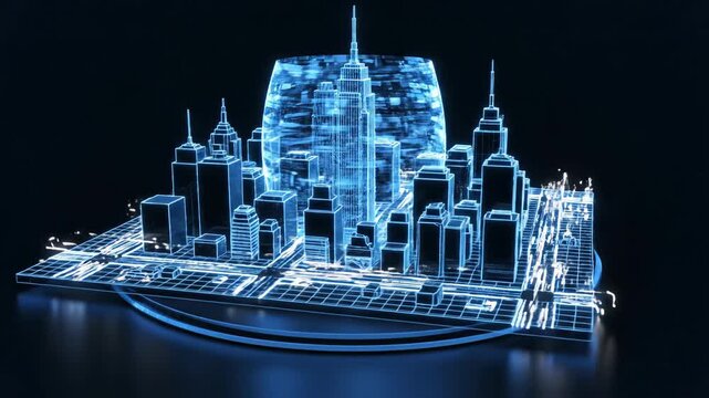 Abstract 3D isometric blue holographic cityscape. Futuristic urban skyline with glowing buildings and streets. Digital architecture visualization for modern design concepts.