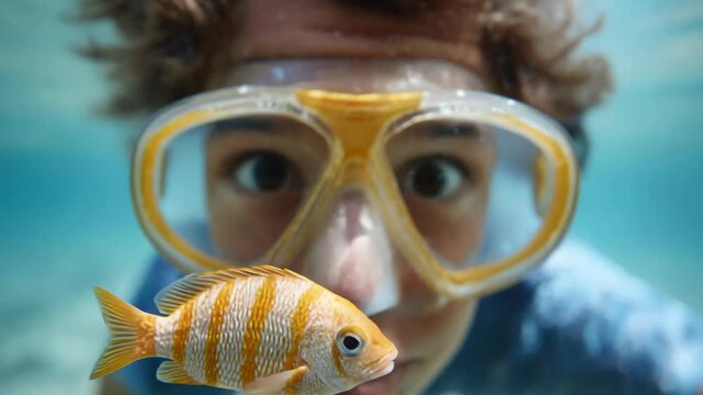 Curious marine creature swimming near snorkeler's face, creating unexpected interaction with playful underwater proximity and amusing close up encounter