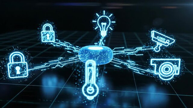 Abstract 3D smart home hub connecting security lock light bulb surveillance camera and thermostat. Digital network visualization of IoT device control system concept.
