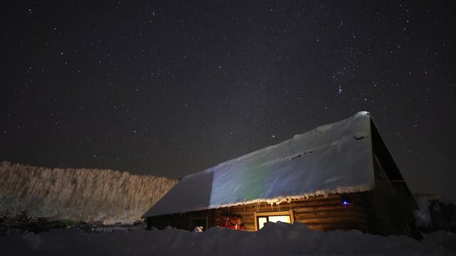Aurora Borealis Timelapse Over Wooden House, Altay Xinjiang China