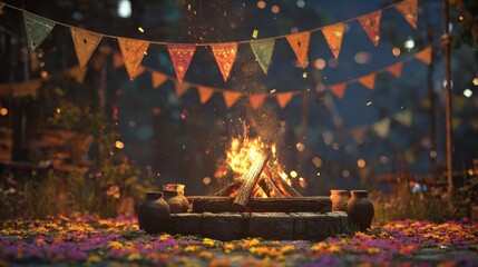 Cozy Campfire Gathering with Festive Bunting and Flower Ground Cover